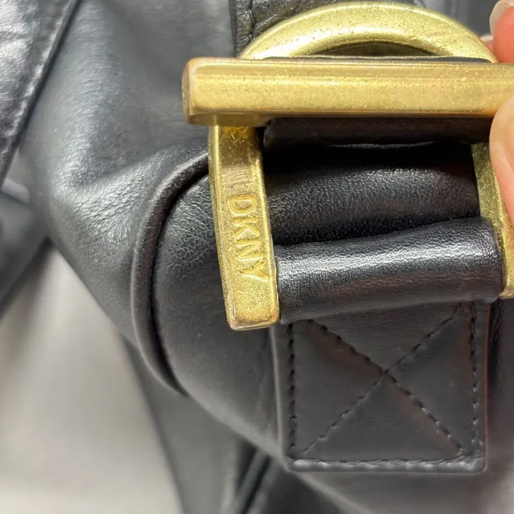 Vintage DKNY Donna Karan New York Black Leather Crossbody Bag Korea Brass '90s
